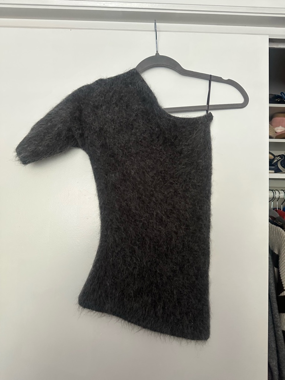 Zara Fuzzy One-Shoulder Sweater in Dark Gray